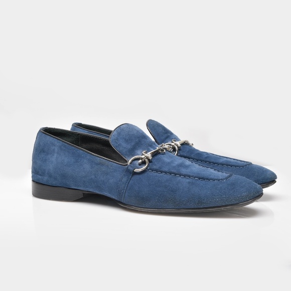 CESARE PACIOTTI Blue Suede Loafers Iconic Dagger Buckle Paciotti Size 8 US 9 - Picture 1 of 11